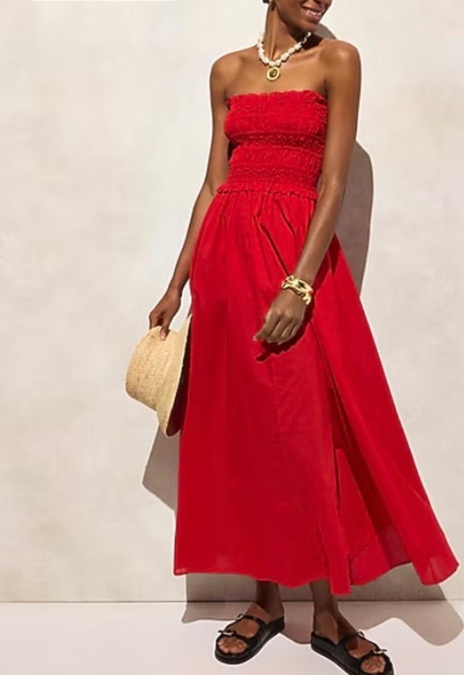 J.Crew Smocked maxi dress cotton voile. Red.XS. Strapless or straps or skirt.